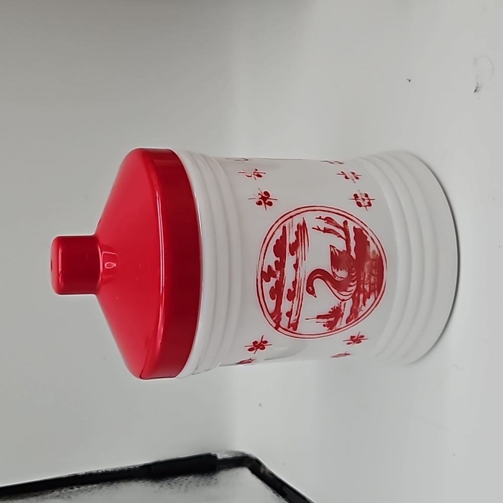 Vintage White Milk Glass Canister With Red Transfer Ware Designs